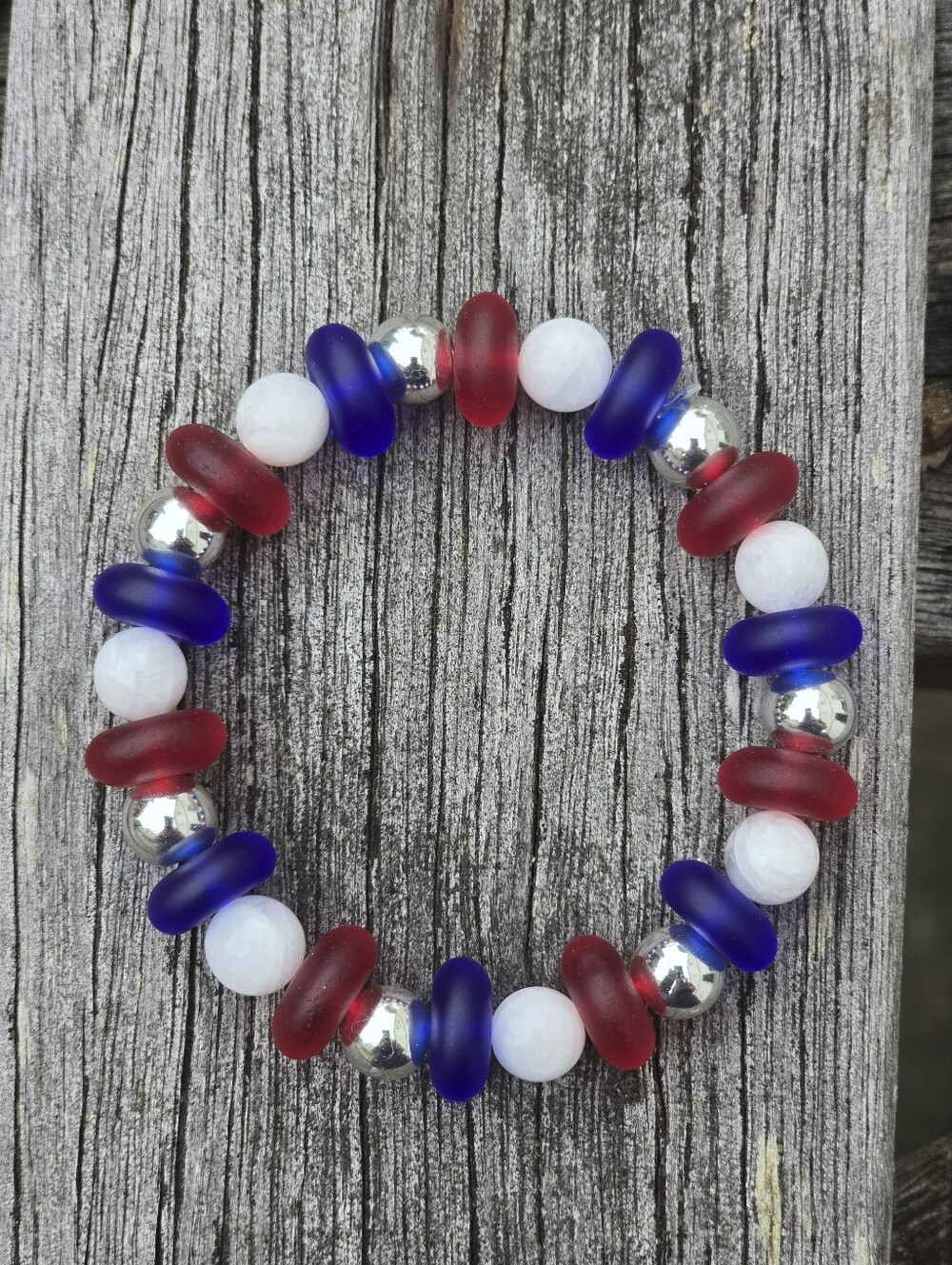 Red, Blue & White Beaded Stretch Bracelet